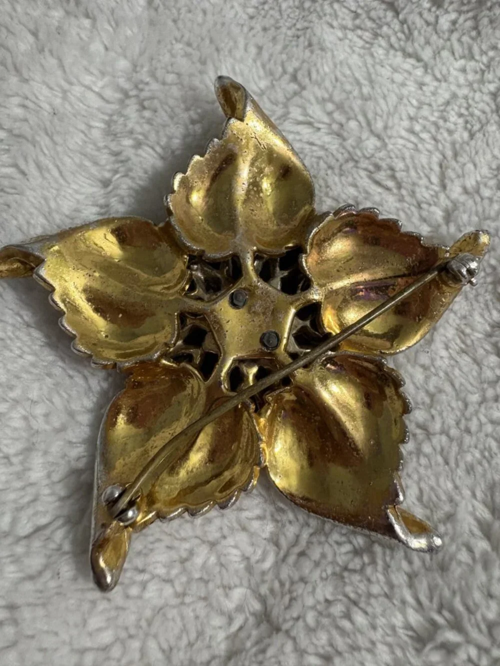 Vintage Mid Century Gold Tone Floral Brooch Green Marquise Rhinestone Flower Pin
